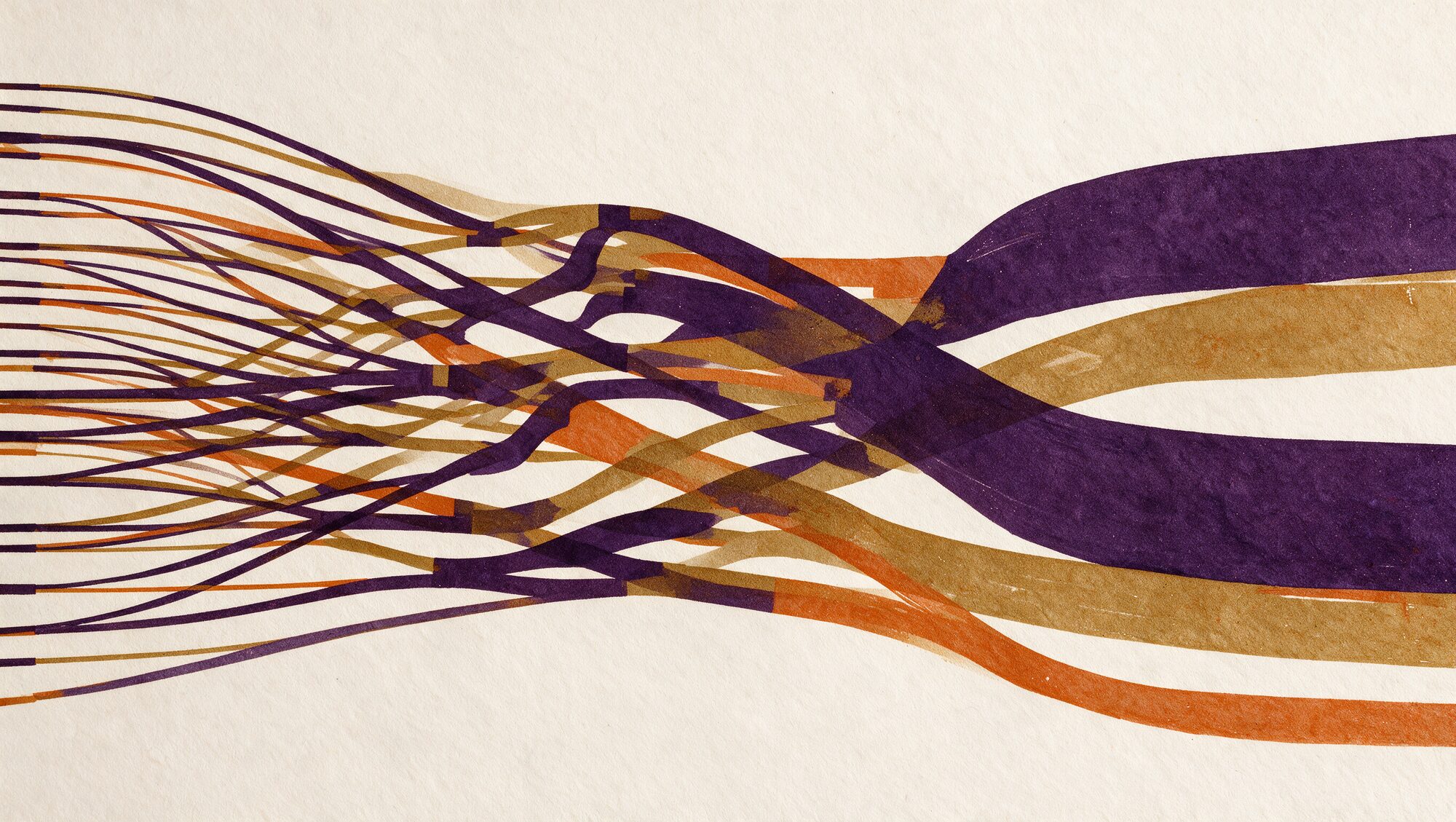 A relief print: many fine strands at the left gathering and resolving into three broad bands, purple, gold and orange, at the right.