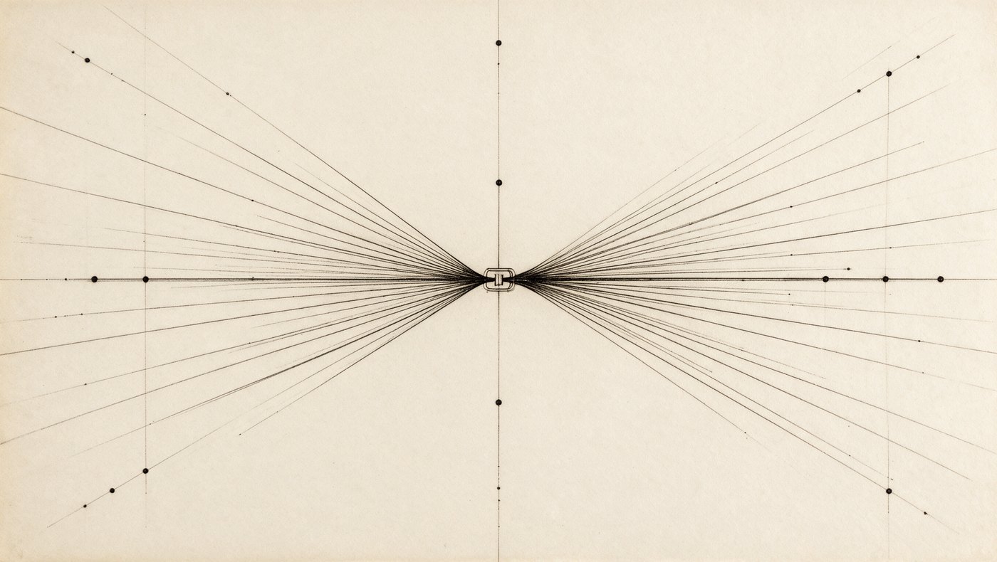 A schematic: many channels converging through one gated aperture and continuing as one.