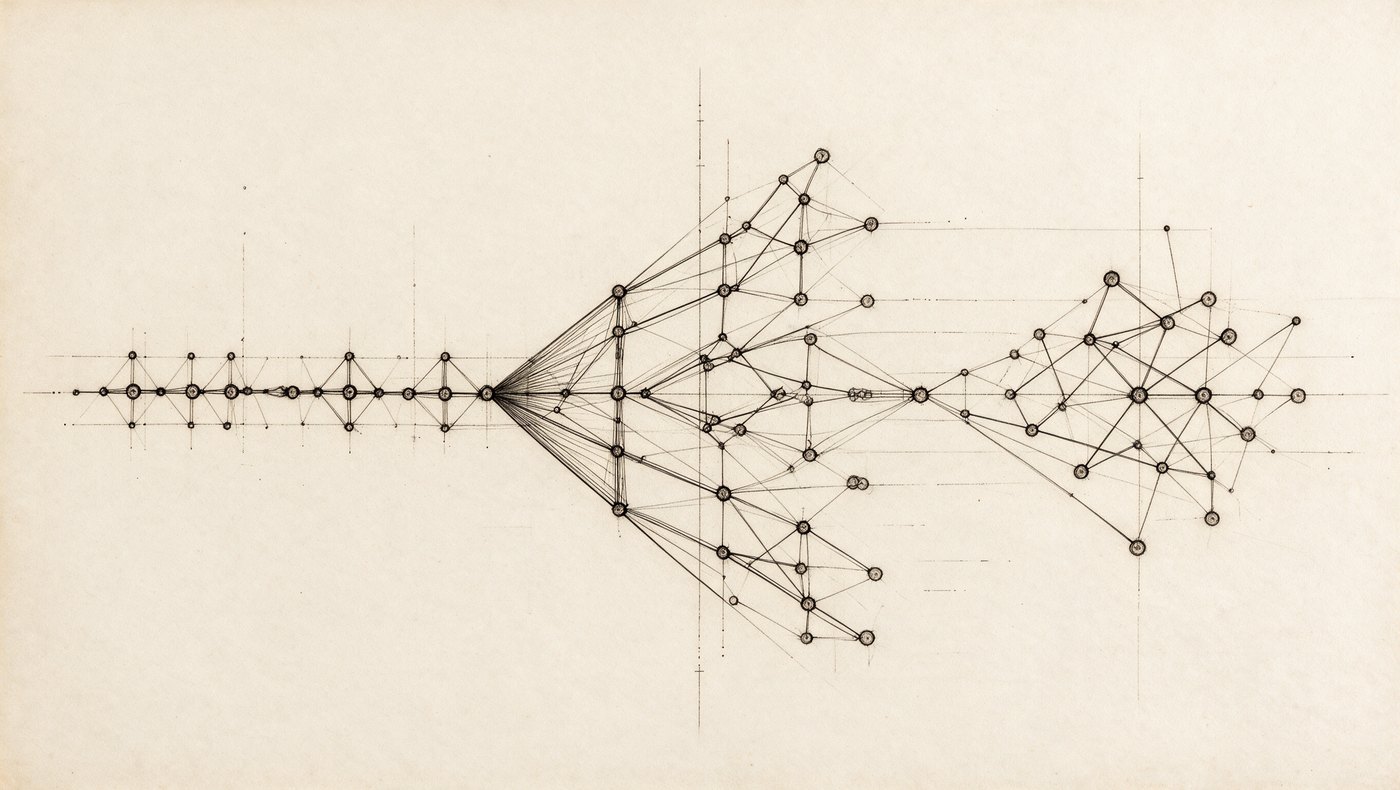 Three process diagrams side by side: a linear chain, a branching tree, and an open scatter.